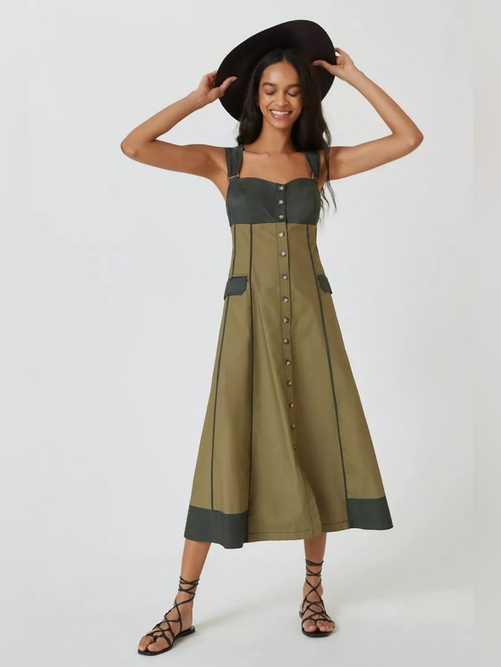 Anthropologie Colorblock Utility Midi Dress Button Front Green Cotton Size 2